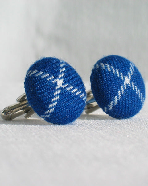 Royal blue and white plaid cuff links  in Nova Scotia tartan with silver back 