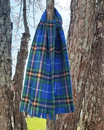 Nova Scotia tartan Plaid scarf draped over a tree branch with a natural background