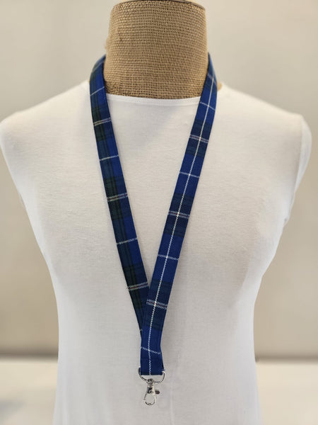 Blue plaid lanyard in Nova Scotia tartan on manequin with neutral background