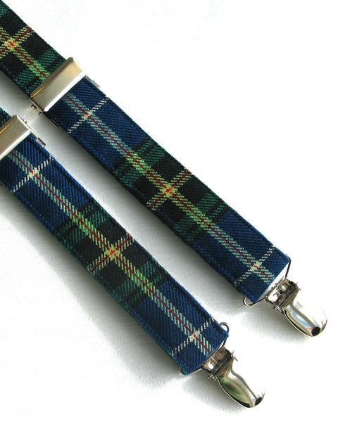 nova scotia tartan Blue plaid suspenders with silver clips on a white background