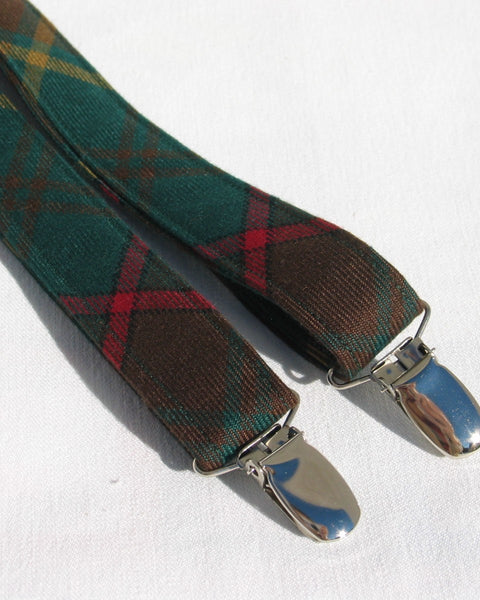 Ontario tartan Plaid suspenders with metal clips on a white background