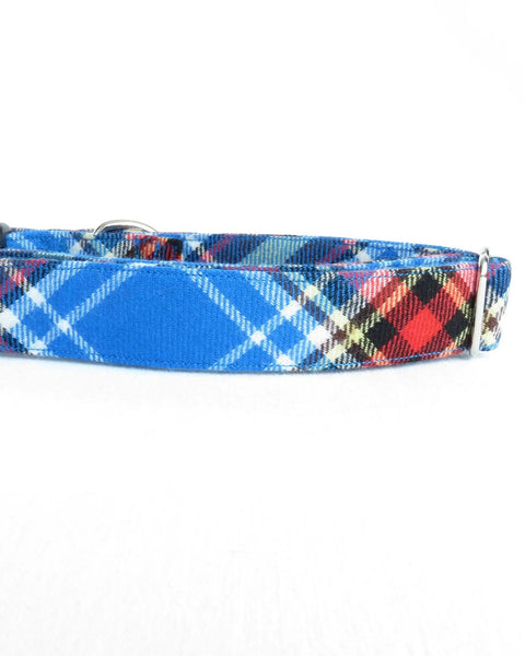 Plaid dog collar with blue, red, and white pattern on a white background