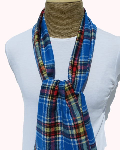 Blue plaid scarf in Oromocto tartan on a mannequin with a white background
