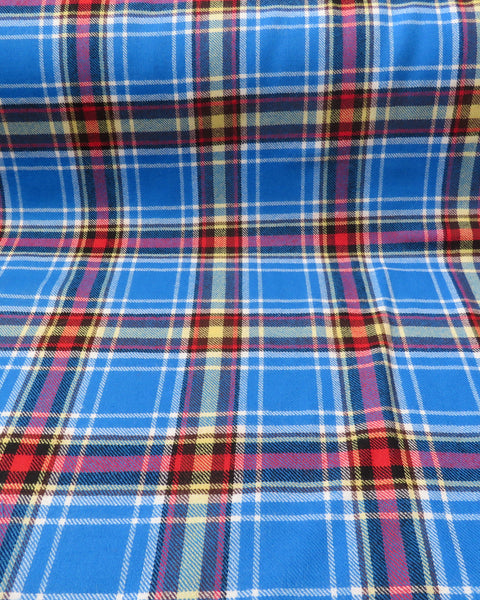 sky blue, red and yellow plaid wool fabric in Oromocto tartan by Gagetown loomcrofters