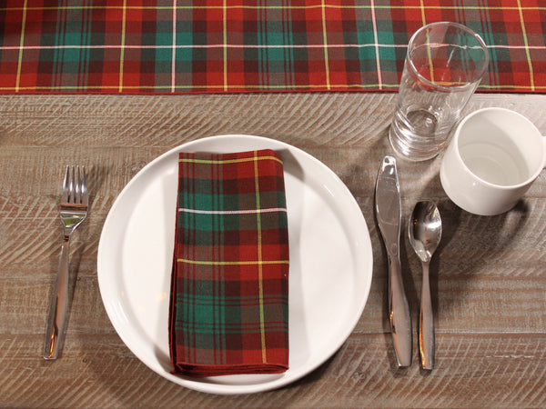 Dining table setting with a plaid napkin, plate, cutlery, and glass on a checkered tablecloth.