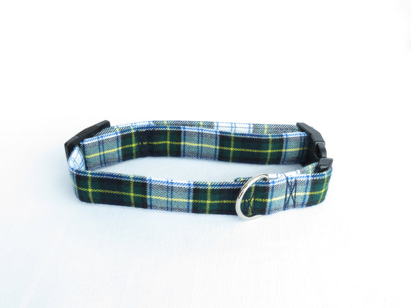white, navy, green plaid pet collar on white background