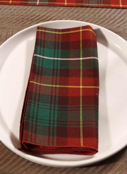 Close-up of red and green tartan napkin neatly placed on  a white plate.