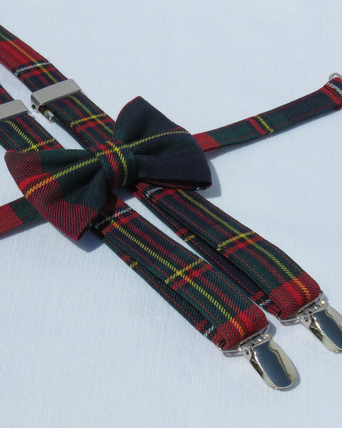 Navy, red, yellow Plaid suspenders and bow tie set in Quebec Tartan by Taylors Tartans.