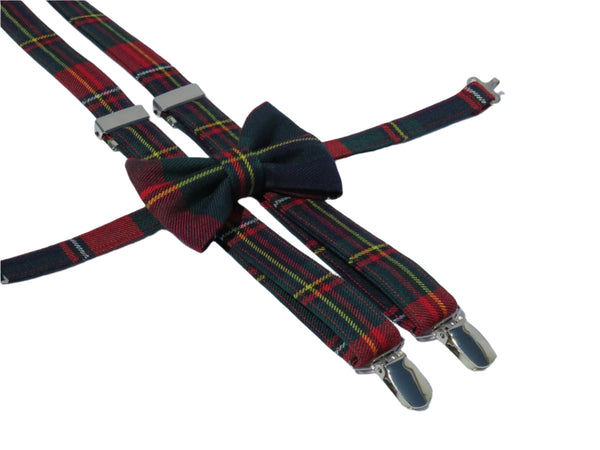 Quebec tartan bow tie and suspenders set on white background