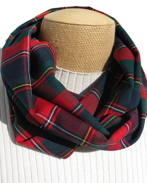 Red and blue plaid infinity scarf on a mannequin bust.