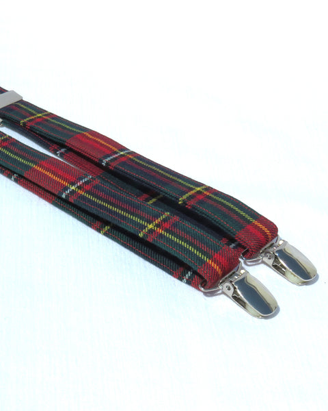 quebec tartan red green yellow Plaid suspenders with metal clips on a white background