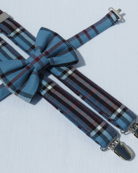 Blue and plum plaid bow tie and suspenders set in RCAF tartan