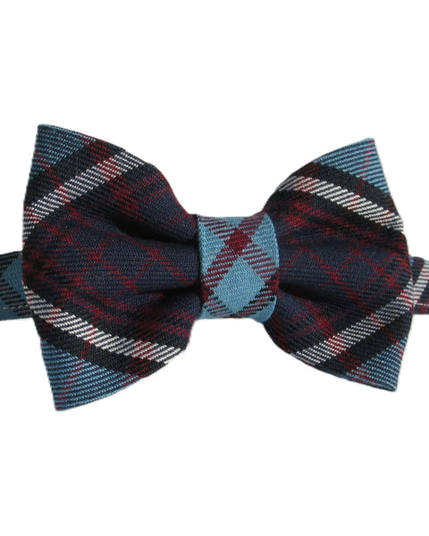 Plaid bow tie with blue,plum and white pattern on a white background
