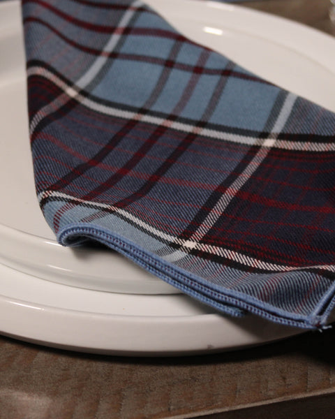 Blue white and red royal canadian air force tartan plaid napkin on a white plate