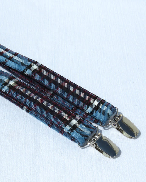 RCAF tartan blue and purple Plaid suspenders with metal clips on a light blue background