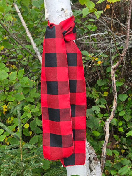 Red and black buffalo check fabric bow looped around a birch tree trunk