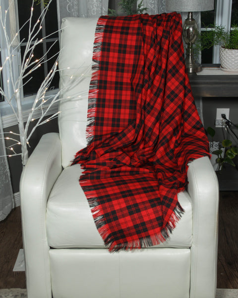 Red and black plaid blanket draped over a white chair in a room setting.