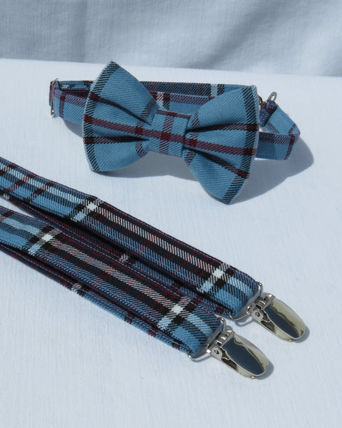 Blue plaid bow tie and suspenders in Royal Canadian Air Force tartan