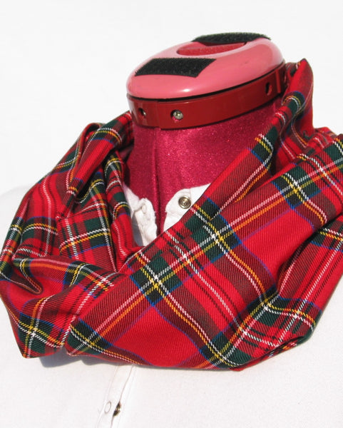 Royal Stewart tartan Red, black, and white plaid scarf draped over a mannequin 