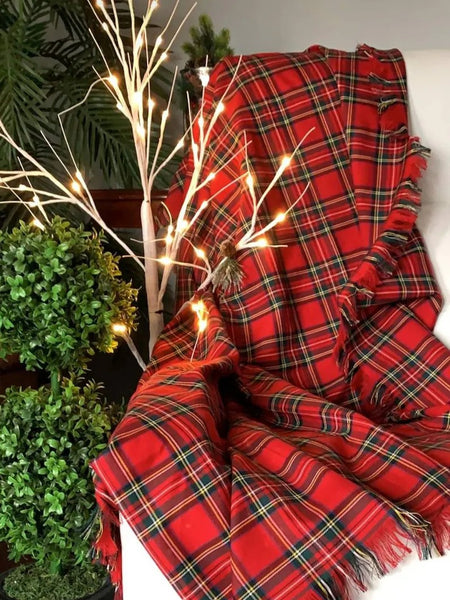 Red plaid blanket draped over a white chair with decorative lights and greenery.