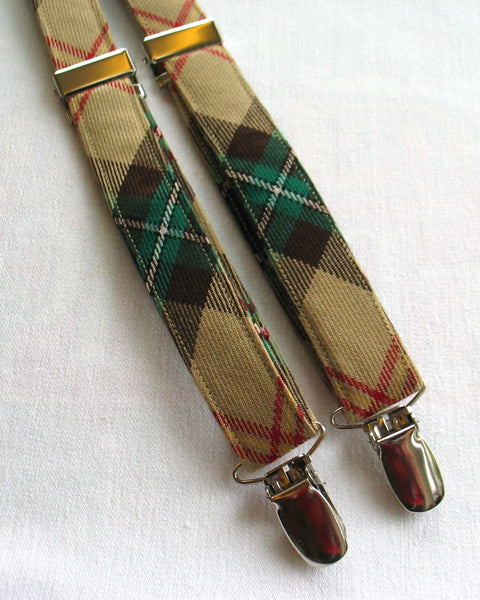 Saskatchewan tartan yellow green red Plaid suspenders with gold and silver clamps on a white background