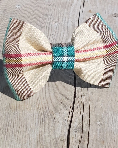Yellow, brown and green plaid pet bow tie by Taylors Tartans on old board