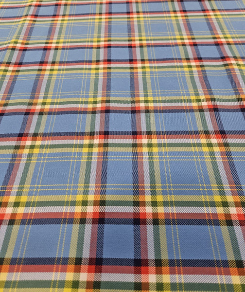 Plaid fabric with blue, red, yellow, and white in Yukon tartan