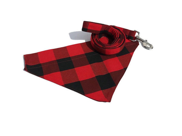 red and black pet kerchief and leash on white background