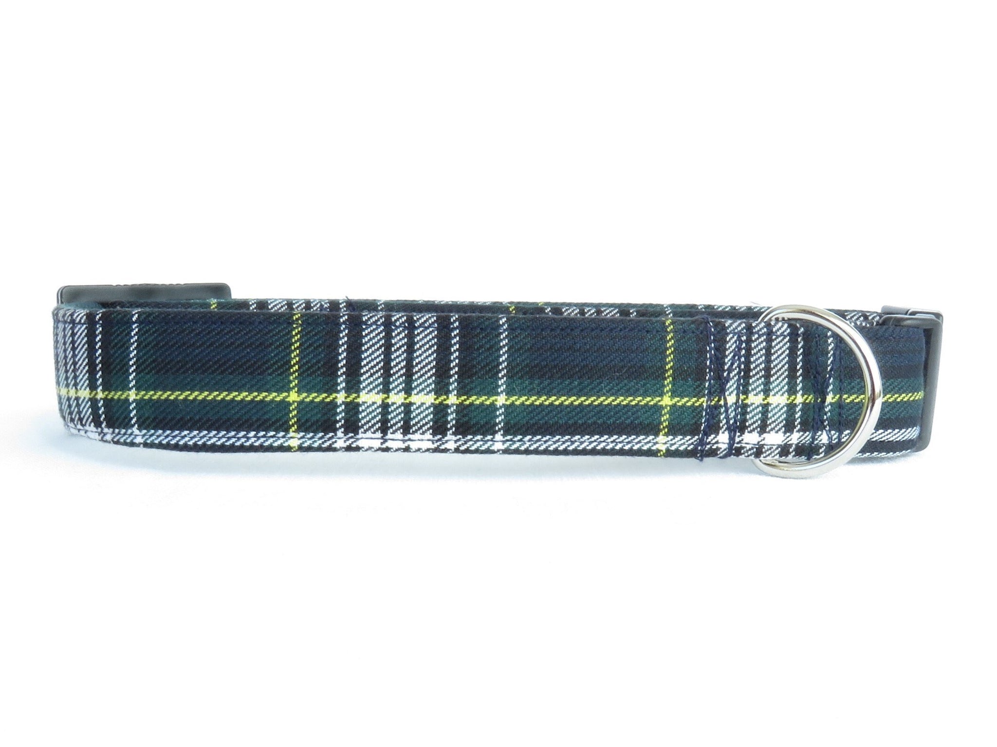 Small Scale Gordon Tartan Dog Collar for Dog Adoption, Navy and Green Plaid Pet Collar, Dog Mom Gift by Pawsitively Dazzled, Made in Canada