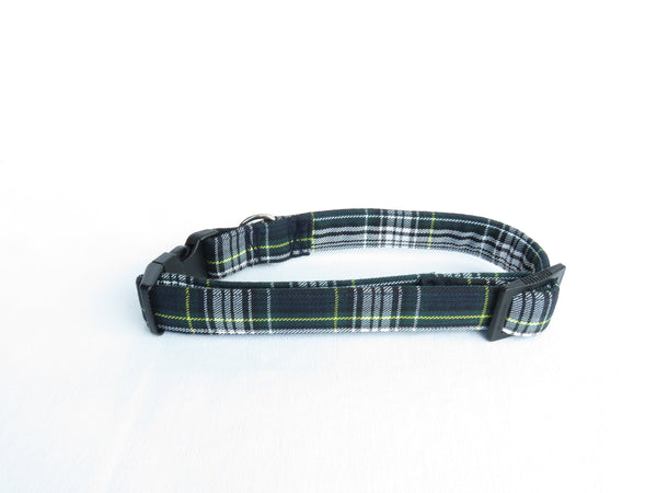 Small Scale Gordon Tartan Dog Collar for Dog Adoption, Navy and Green Plaid Pet Collar, Dog Mom Gift by Pawsitively Dazzled, Made in Canada