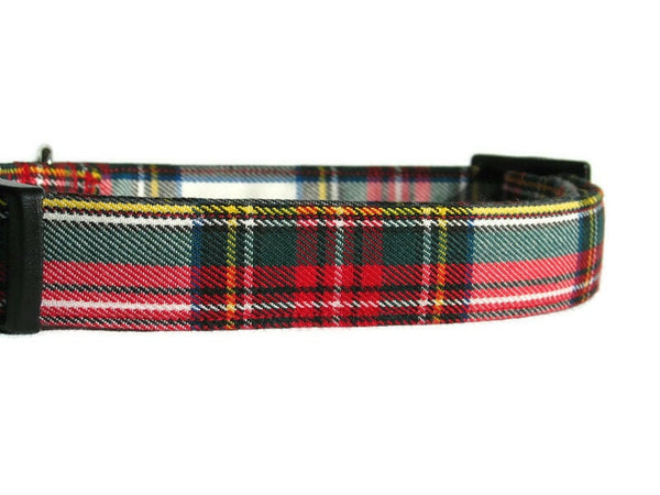 Dog Collar, Dress Stewart Tartan Dog Collar and Bow, Red White Plaid Pet Bow and Collar, Made in Canada Pet Collar for Christmas Photos