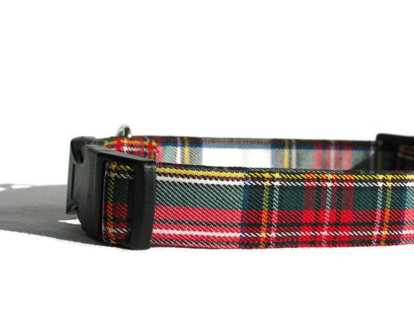 Dog Collar, Dress Stewart Tartan Dog Collar and Bow, Red White Plaid Pet Bow and Collar, Made in Canada Pet Collar for Christmas Photos