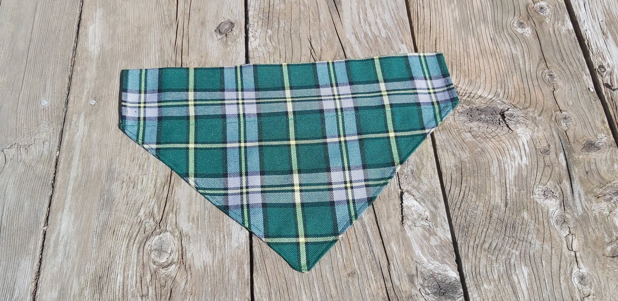 Dog Bandana, Cape Breton Tartan Pet Kerchief, Green Plaid Pet Accessory, Reversable Dog Bandana Made in Canada