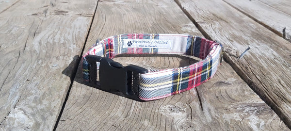 Dress Stewart Tartan Dog Collar, Made in Canada Pet Collar for Dog Groomer, Winner of Dog Show Collar in White and Red Plaid