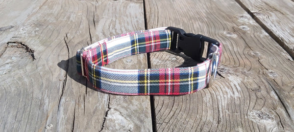 Dress Stewart Tartan Dog Collar, Made in Canada Pet Collar for Dog Groomer, Winner of Dog Show Collar in White and Red Plaid