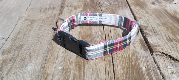 Dress Stewart Tartan Dog Collar, Made in Canada Pet Collar for Dog Groomer, Winner of Dog Show Collar in White and Red Plaid