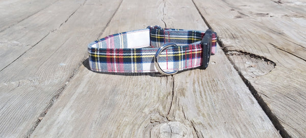 Dress Stewart Tartan Dog Collar, Made in Canada Pet Collar for Dog Groomer, Winner of Dog Show Collar in White and Red Plaid