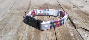 Dress Stewart Tartan Dog Collar, Made in Canada Pet Collar for Dog Groomer, Winner of Dog Show Collar in White and Red Plaid