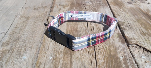 Dress Stewart Tartan Dog Collar, Made in Canada Pet Collar for Dog Groomer, Winner of Dog Show Collar in White and Red Plaid