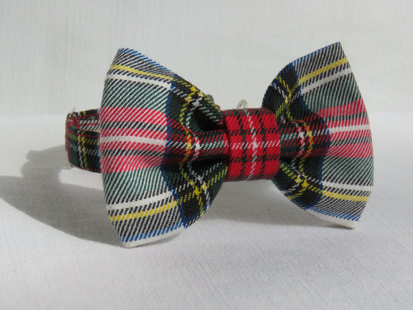 Dog Collar, Dress Stewart Tartan Dog Collar and Bow, Red White Plaid Pet Bow and Collar, Made in Canada Pet Collar for Christmas Photos