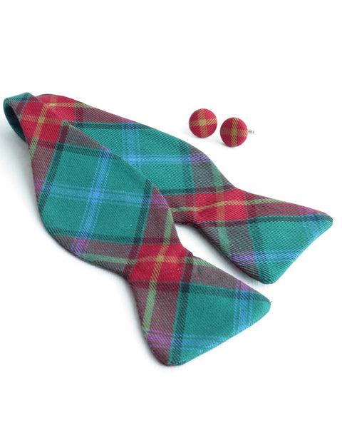 Manitoba tartan plaid self tie bow tie and matching cufflinks on white background