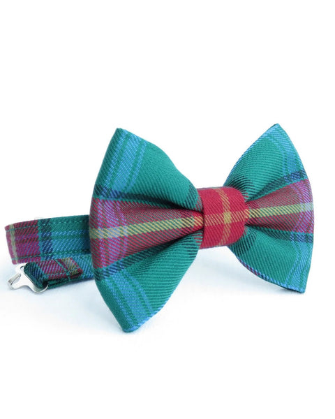 Manitoba tartan Plaid bow tie with a strap on a white background