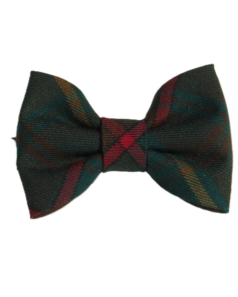 Plaid bow tie with green, red, and brown colors on a white background