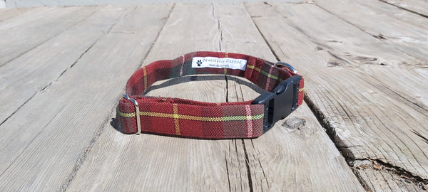 brown plaid dog collar on weathered borads