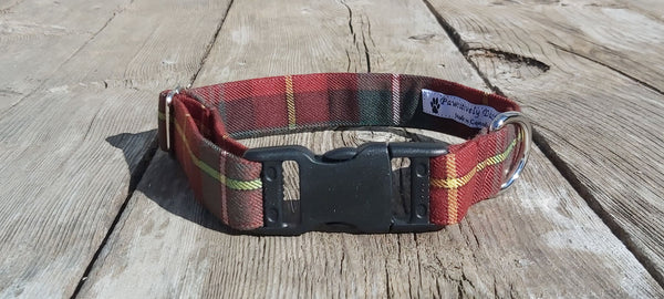 Close up of orange plaid dog collar on old boards