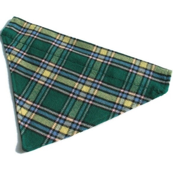 Green, yellow plaid pet bandana on white background