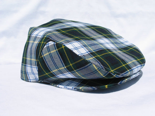 White, navy, and green plaid adult flat cap displayed on a white background with a shadow to highlight depth and shape.