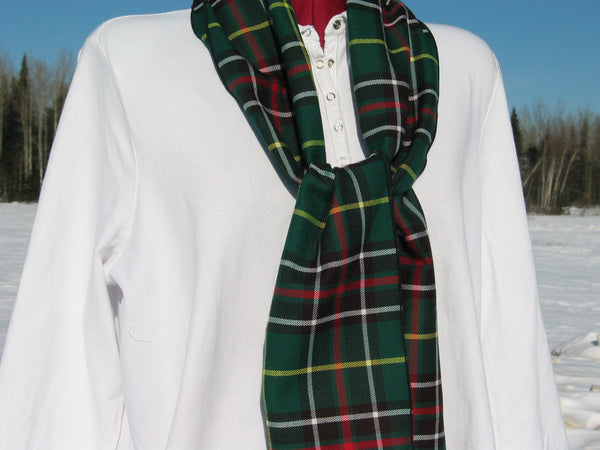 Green, brown, white, and yellow plaid scarf on mannequin in white shirt with snow, bare trees, and blue sky in background.