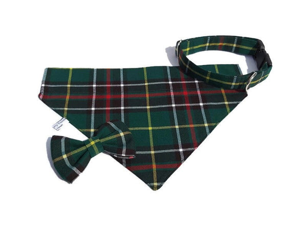 Green plaid dog kerchief, collar and bow tie on white background