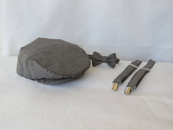 Black and White Flat Cap Bow Tie Suspenders Set-Taylors Tartans